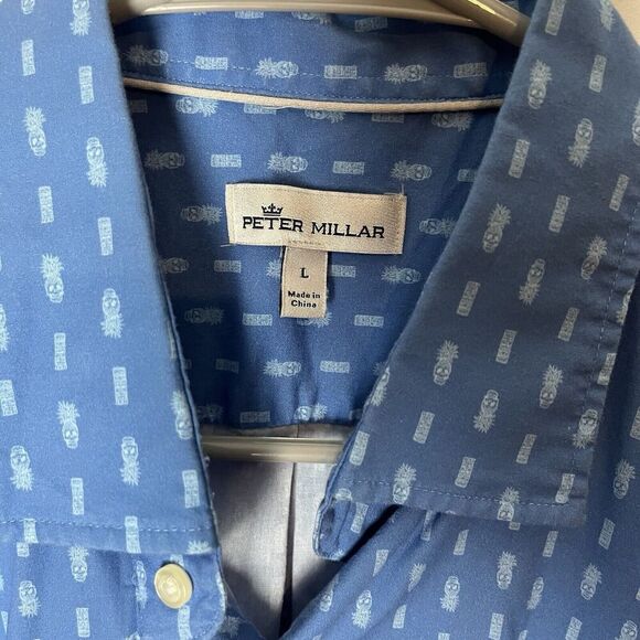 Peter Millar Skull Tiki Button Up Shirt Men Sz L Blue Skull Print Classic Fit​​ - Picture 2 of 7